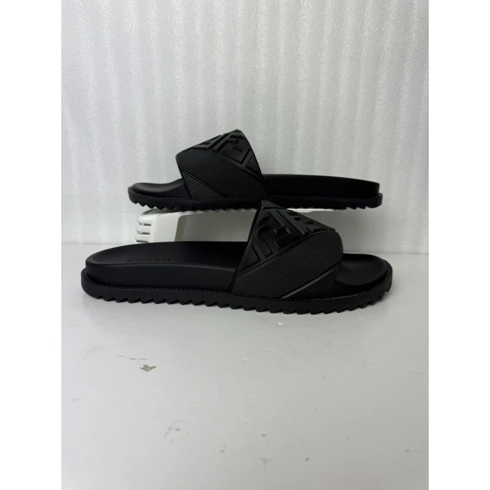 Fendi Men's FF Diagonal Logo Print Slides Men's Size 13 Black (Authenticated)
